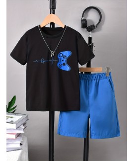 Boys Casual Trendy Street Style Game Console Graphic T Shirt Shorts Set For Summer Holiday 