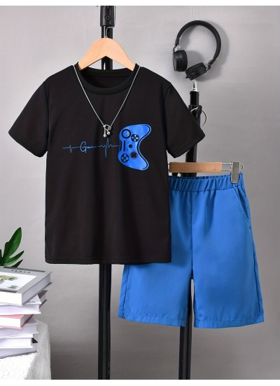 Boys Casual Trendy Street Style Game Console Graphic T Shirt Shorts Set For Summer Holiday 