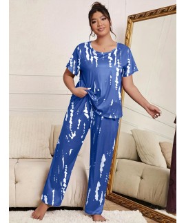 Plus Size Casual Pajama Set, Women's Plus Tie Dye Short Sleeve Top & Pants Pajama Two Piece Set 