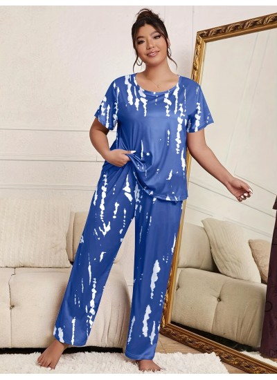 Plus Size Casual Pajama Set, Women's Plus Tie Dye Short Sleeve Top & Pants Pajama Two Piece Set 
