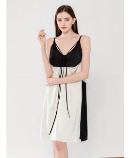 Colorblock Slip Nightdress Sexy Deep V Backless Sp...