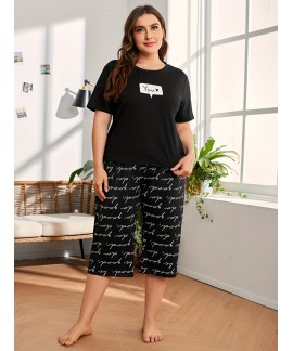 Plus Size Casual Pajamas Set Womens Plus Letter Pr...