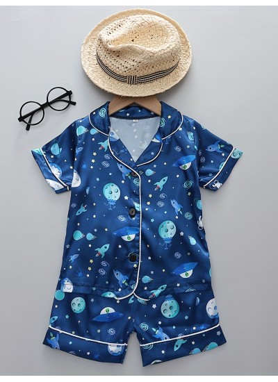 Floral Summer Polyester Pajamas Set Boys Homewear 