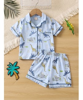 2pcs Boys Teen Cute Dinosaur Graphic Print Short Sleeve Shirt Shorts Pajama Set Clothes For Summer 