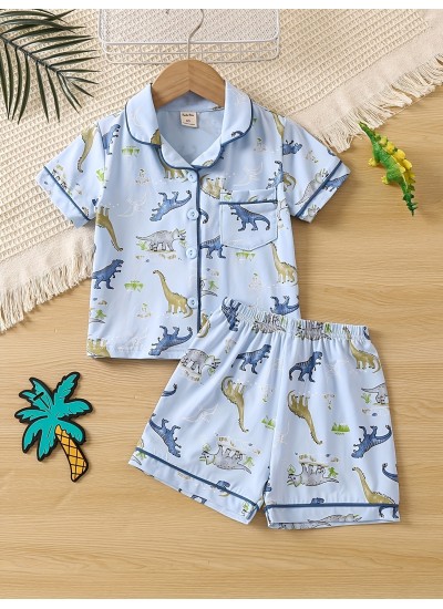2pcs Boys Teen Cute Dinosaur Graphic Print Short Sleeve Shirt Shorts Pajama Set Clothes For Summer 
