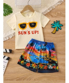 Boys Suns Up Sunglasses Beach Flowers Coconut Trees Print Pajamas Set Short Sleeves Tops Bottoms Comfortable Cozy Casual Loungewear Sets 