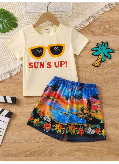 Boys Suns Up Sunglasses Beach Flowers Coconut Trees Print Pajamas Set Short Sleeves Tops Bottoms Comfortable Cozy Casual Loungewear Sets 