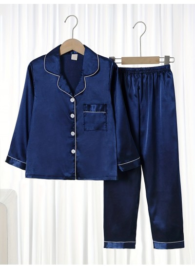 2pcs Boys And Girls Teen Casual Plain Color Long Sleeve Button Up Shirt Pants Pajama Set Clothes 