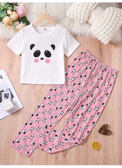 2pcs Girls Pajamas Outfit Cute Cartoon Panda Graphic Crew Neck T Shirt Top Elastic Waist Pants Sleepwear