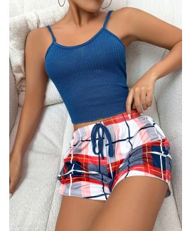 Plaid Print Pajama Set Round Neck Cami Top Elastic Waistband Shorts Womens Sleepwear Loungewear 