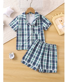 2pcs Boys Teen Casual Plaid Short Sleeve Button Up Shirt Shorts Pajama Set Clothes 