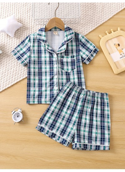 2pcs Boys Teen Casual Plaid Short Sleeve Button Up Shirt Shorts Pajama Set Clothes 