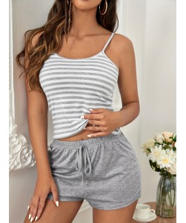 Striped Print Lounge Set Round Neck Cami Top Elast...