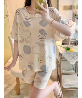 Cartoon Duck Print Pajama Set, Short Sleeve Crew N...