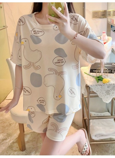 Cartoon Duck Print Pajama Set, Short Sleeve Crew Neck Top & Elastic Waistband Shorts, Women's Sleepwear & Loungewear 