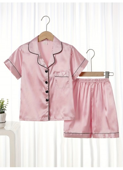 2pcs Toddler Girls Pajamas Outfit Button Short Sleeve Sleepwear