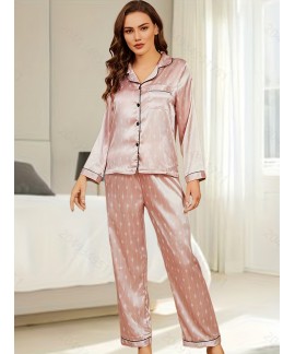Print Satin Pajama Set, Long Sleeve Lapel Top &...
