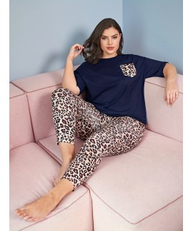 Plus Size Casual Pajama Set Womens Plus Leopard Pr...