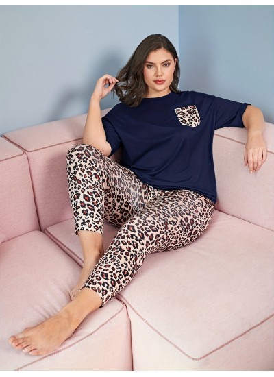 Plus Size Casual Pajama Set Womens Plus Leopard Print Short Sleeve Top Pants Pajama Two Piece Set 