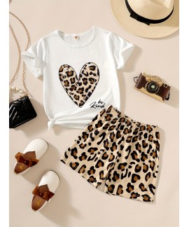 Kid Girls 2 Piece Leopard Heart Graphic Short Sleeve Tee Shirt And Short Loungewear Shorts Suit Pajama Set 