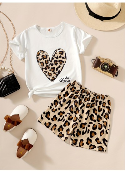 Kid Girls 2 Piece Leopard Heart Graphic Short Sleeve Tee Shirt And Short Loungewear Shorts Suit Pajama Set 