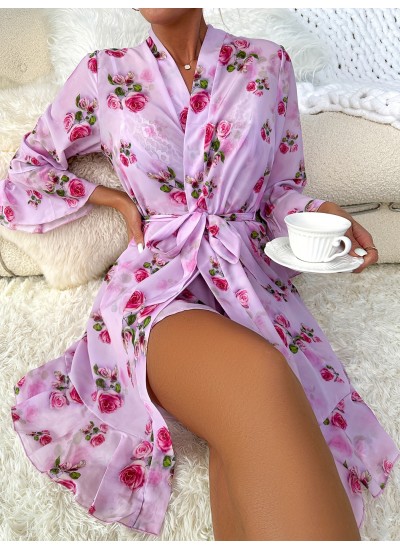 Floral Print Pajama Set Flare Sleeve V Neck Robe Contrast Lace Split Slip Dress Womens Sleepwear Loungewear 