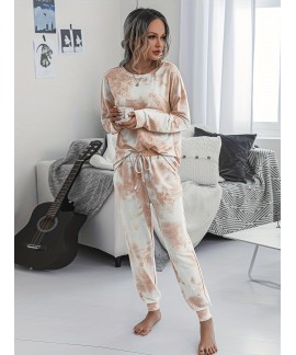 Two Piece Lounge Outfit Drop Shoulder Long Sleeve Top Pants Random Print Matching Loungewear Set Womens Clothing 