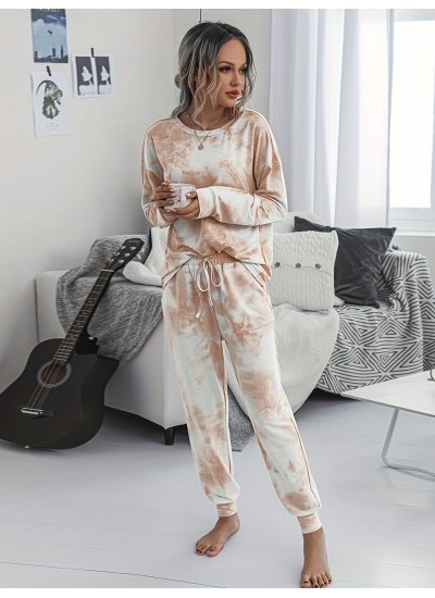 Two Piece Lounge Outfit Drop Shoulder Long Sleeve Top Pants Random Print Matching Loungewear Set Womens Clothing 