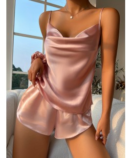 Solid Satin Pajama Set V Neck Cami Top Elastic Wai...