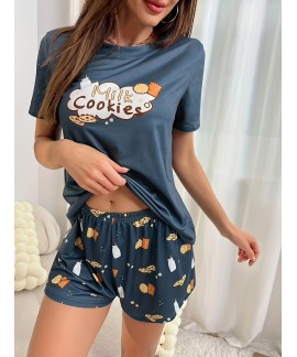 Letter Print Crew Neck Casual Womens Sleepwear 