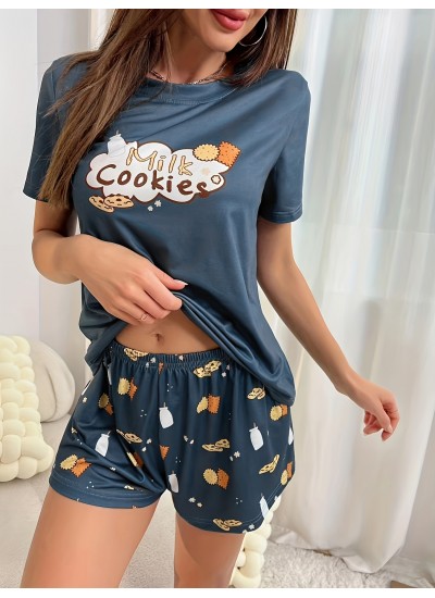 Letter Print Crew Neck Casual Womens Sleepwear 