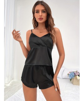 Solid Satin Pajama Set V Neck Cami Top Elastic Wai...