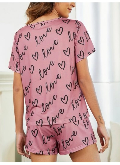 Women's Two-piece Sets Comfortable Allover Letter Print Short Sleeve Tops &Shorts Pajama Sets 