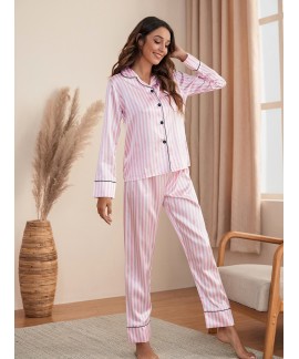 Women's Sleepwear Silk Striped Print Comfortable L...