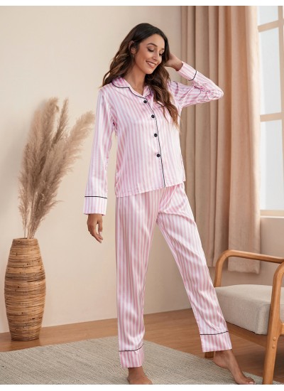 Women's Sleepwear Silk Striped Print Comfortable Long Sleeve Pajamas &Pants Pajama Sets 