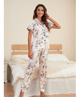 Women's Sleepwear Silk Satin Floral Print Short Sl...