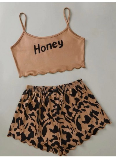 Women's Sleepwear Letter Print Comfortable Cami &Leopard Shorts Pajama Set 
