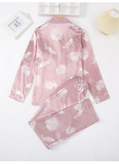 Women's Silk Comfortable Satin Floral Print Two-piece Set Long Sleeve Tops &Pants Pajama Sets 