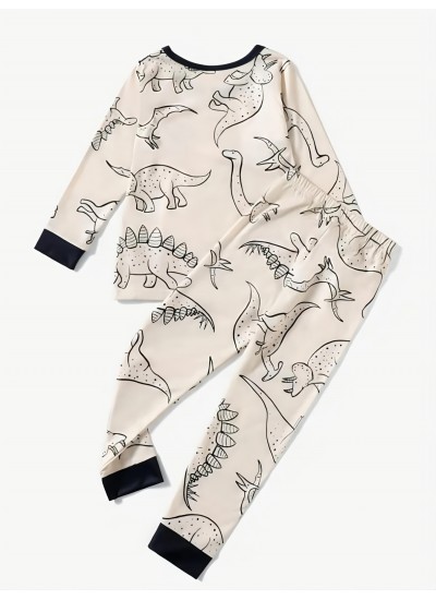 Toddler Boys Cartoon Dinosaur Print Long Sleeve Crewneck Top Pajamas Sets Sleepwear Kids Clothes Set 