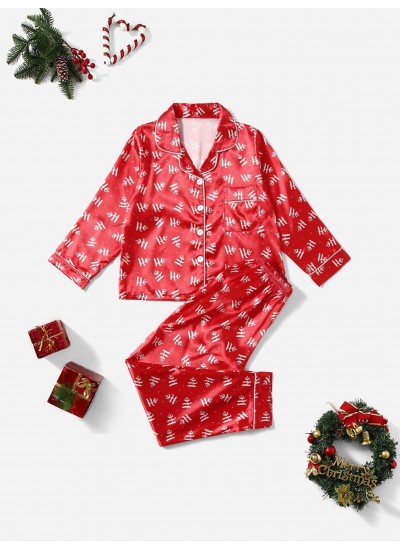 2pcs Girls Christmas Red Casual Pajamas Set 