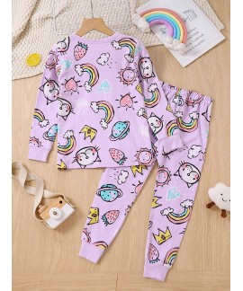 2pcs Girls Cotton Purple Cat Cartoon Print Long Sl...