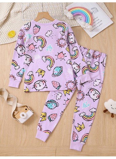 2pcs Girls Cotton Purple Cat Cartoon Print Long Sleeves Pajamas 