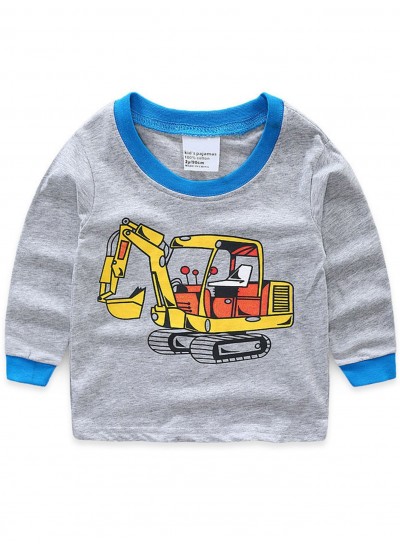 2023 New Kids Boys Cartoon Excavator Pattern Pajamas Cotton Long-sleeved Suit Home Clothes 