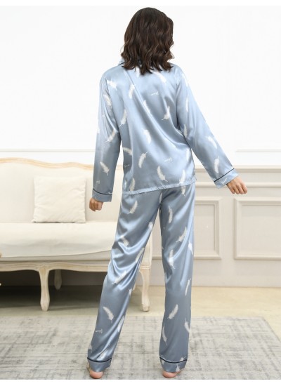 Women's Sleepwear Comfortable Two-piece Set Silk Satin Feather Print Long Sleeve Pocket Button Upt Tops &Pants Pajama Set 
