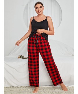 Plus Size Contrast Lace &Gingham Print Pajama ...