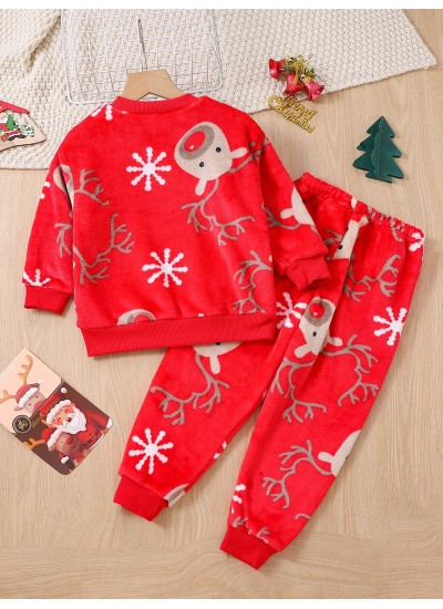 2pcs Boys And Girls Christmas Deer Thickened Flannel Pajamas Suits 