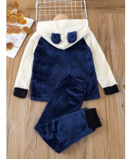 Kids Fluffy Casual Contrast Plain Pocket Pajama Se...