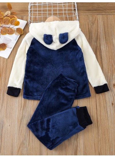 Kids Fluffy Casual Contrast Plain Pocket Pajama Set 