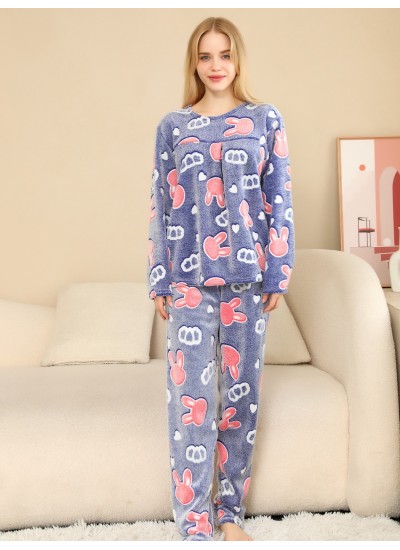 Women's Two-piece Set Comfortable Cartoon Pattern Fuzzy Thermal Pajama Set 