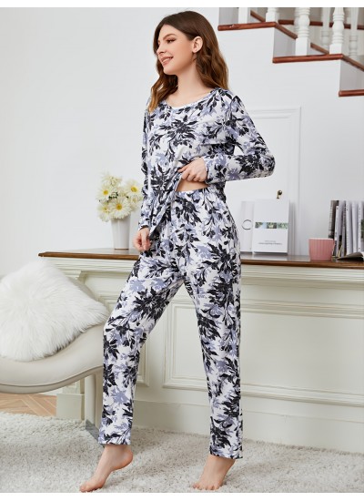 Women's Sleepwear Leaves Print Warm Breathable Long Sleeve Tops &Pants Pajama Set 